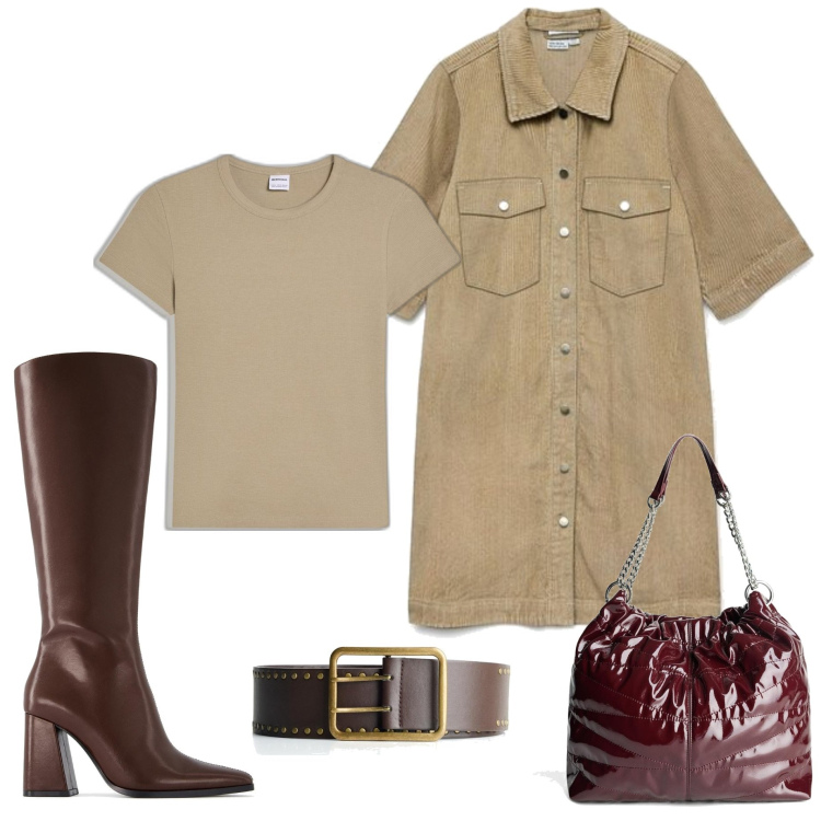 Outfit mujer - Casual #3818. Estilo Casual para Todos los días. Combinación con vestidos cortos, bolsos saco, botas, camiseta, cinturones.