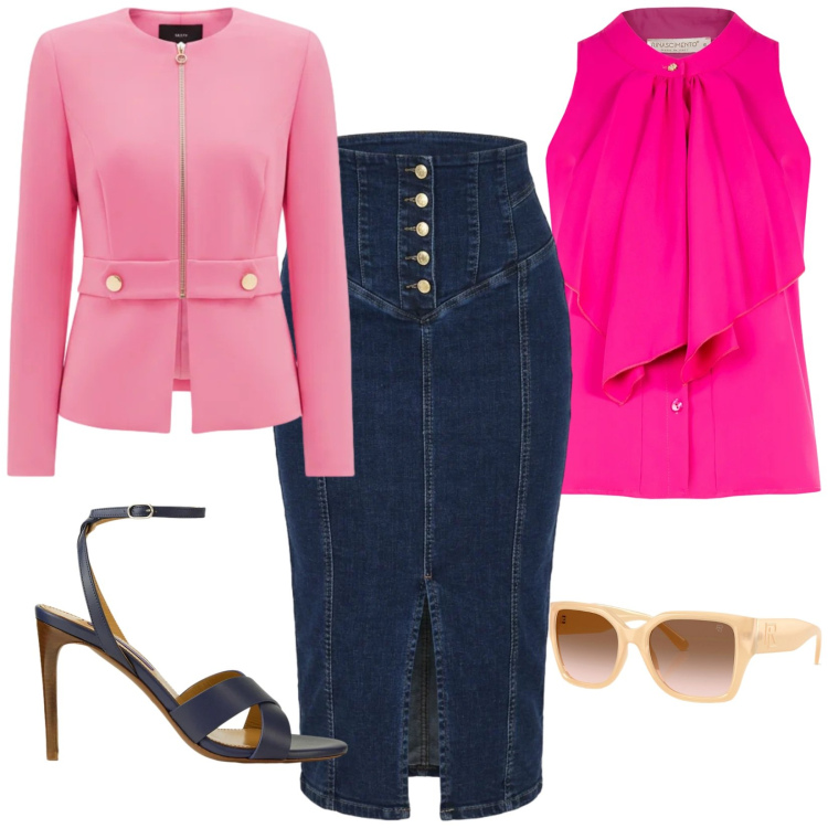 Outfit donna - Pink elegance. Stile Glamour per Serata fuori. Abbinamento con gonne longuette, blazer, canottiere, occhiali da sole, sandali col tacco.