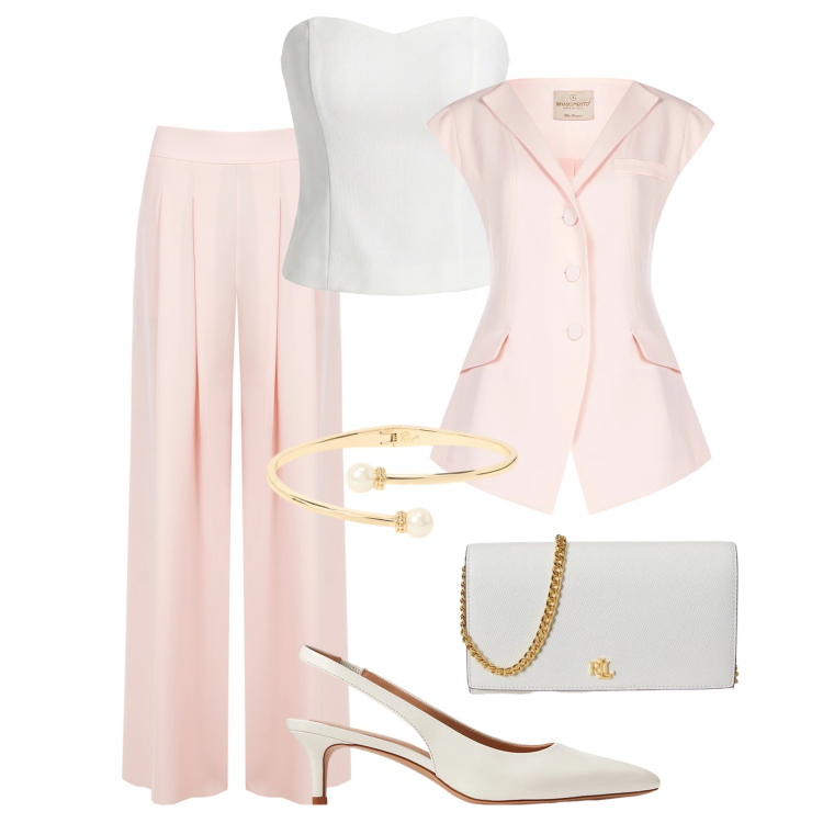 Outfit donna - Cerimonia di primavera. Stile Chic per Cerimonia. Abbinamento con pantaloni a palazzo, gilet, top, décolleté, braccialetti, borse a tracolla.