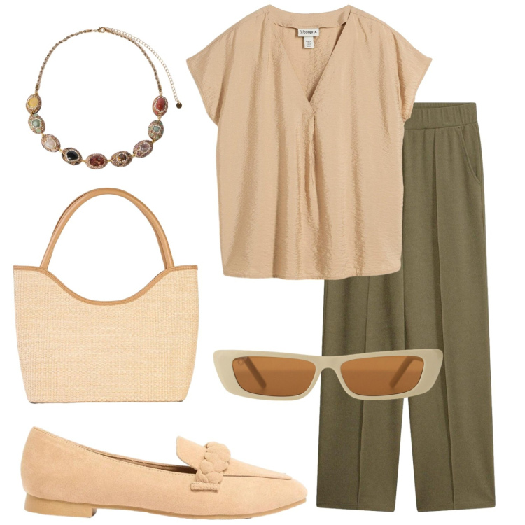 Outfit donna - Total look verde e beige. Stile Casual chic per Tutti i giorni. Abbinamento con tuniche, pantaloni, mocassini, shopping bag, collane, occhiali da sole.