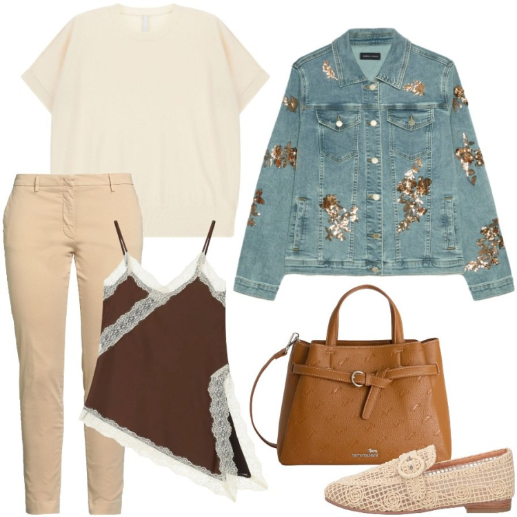 Outfit donna - Sovrapposizioni. Stile Trendy per Tutti i giorni. Abbinamento con mocassini, pantaloni, canottiere, t-shirt, blazer, borse a mano.