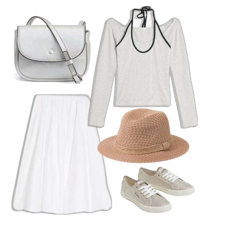 Outfit mujer - Casual chic #5508. Estilo Casual chic para Todos los días. Combinación con sombreros, sneakers, bolsos de mano, camiseta, falda longuette.