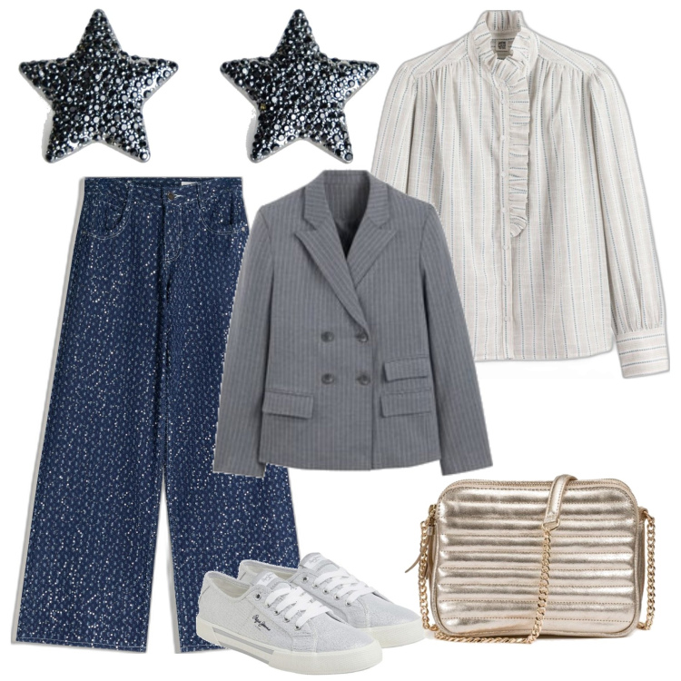 Outfit mujer - Casual #3819. Estilo Casual para Todos los días. Combinación con vaqueros, bolsos de hombro, sneakers, blazers, camisas, pendientes.