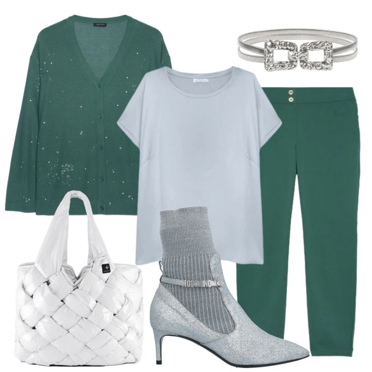 Outfit donna - Total look #2387249. Stile Casual chic per Ufficio. Abbinamento con stivaletti, cardigans, pantaloni skinny, t-shirt, cinture, borse tote.