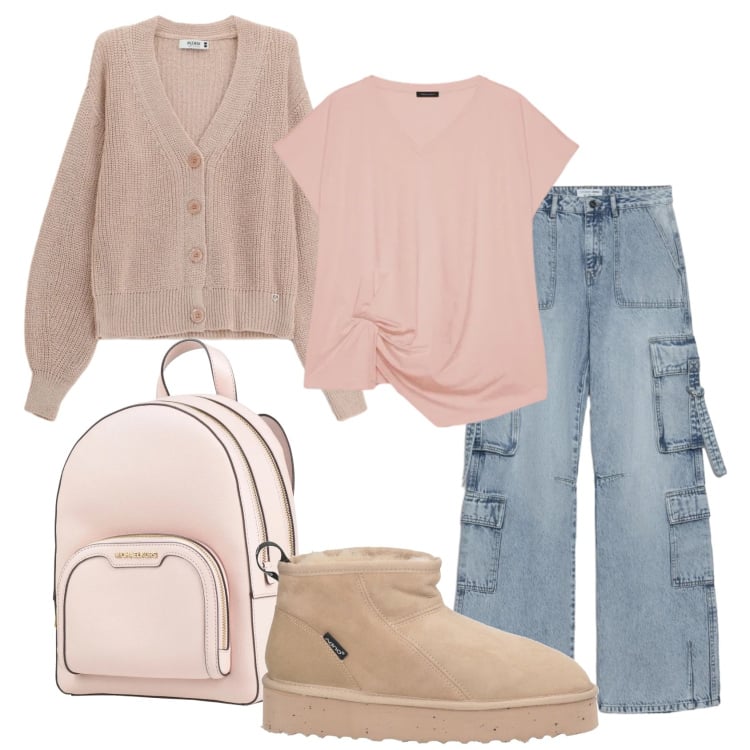 Outfit donna - Total look #2387252. Stile Basic per Scuola/Università. Abbinamento con zaini, stivaletti, jeans, cardigans, t-shirt.