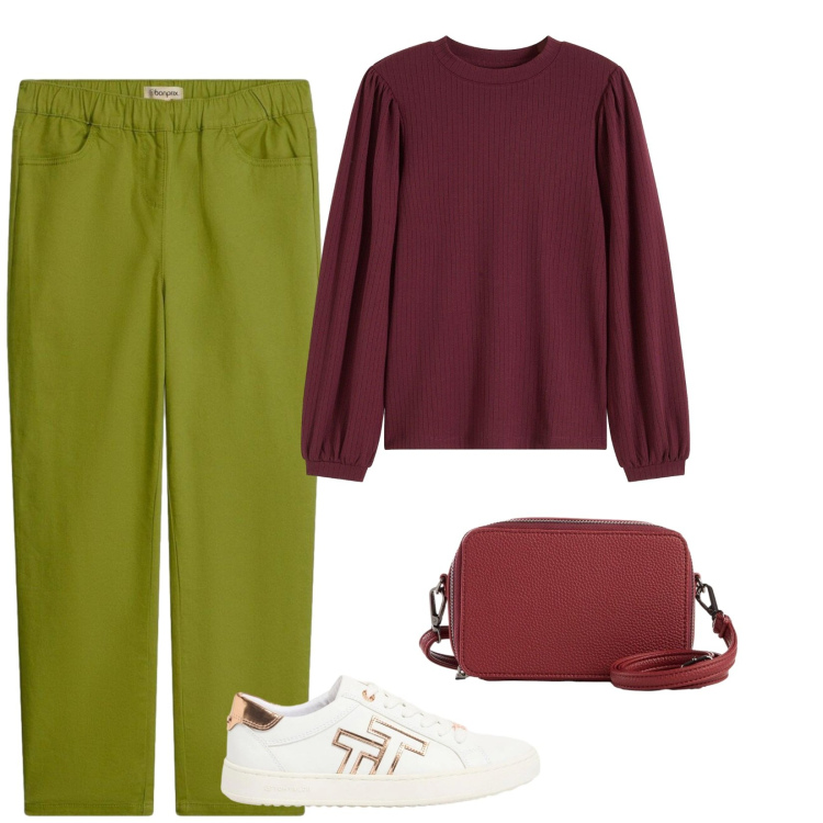 Outfit donna - Tempo libero. Stile Basic per Tutti i giorni. Abbinamento con pantaloni, bluse, borse a tracolla, sneakers.