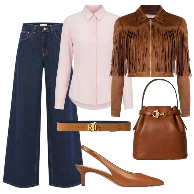Outfit donna - Rinascimento look per l\'ufficio. Stile Casual chic per Ufficio. Abbinamento con jeans, giacche, camicie, borse a secchiello, cinture, décolleté.