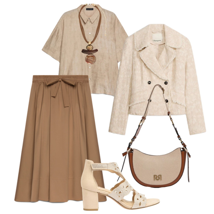 Outfit donna - Eleganza per tutti i giorni. Stile Trendy per Tutti i giorni. Abbinamento con blazer, sandali col tacco, gonne lunghe, camicie a manica corta, ciondoli, borse a tracolla.