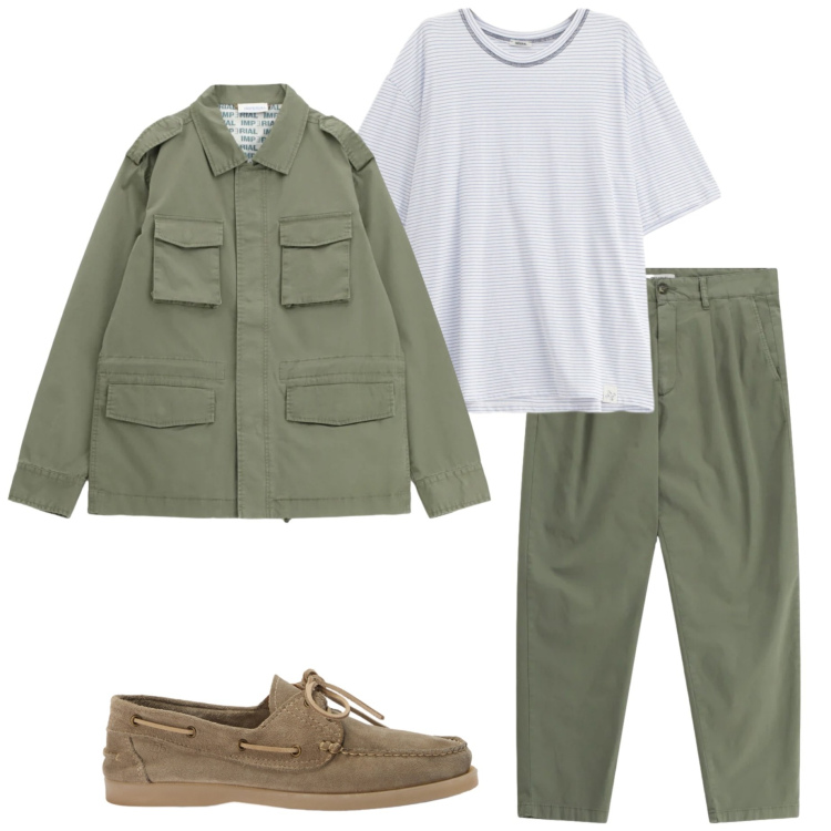 Outfit uomo - Aprile. Stile Urban per Tutti i giorni. Abbinamento con cappotti, t-shirt, pantaloni, scarpe stringate.