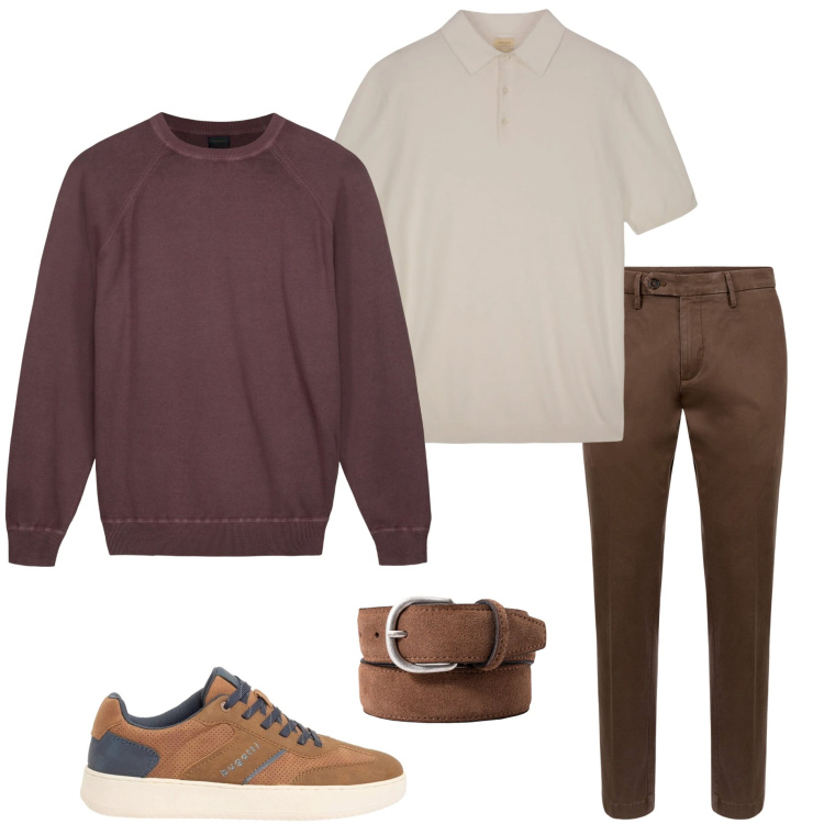 Outfit uomo - In ufficio. Stile Casual per Ufficio. Abbinamento con sneakers, pantaloni chino, polo, maglieria, cinture.