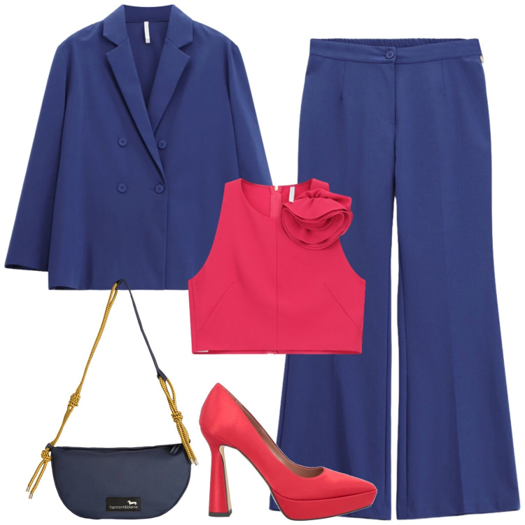 Outfit donna - Total look #2387268. Stile Chic per Cerimonia. Abbinamento con décolleté, blazer, top, pantaloni a palazzo, borse a tracolla.