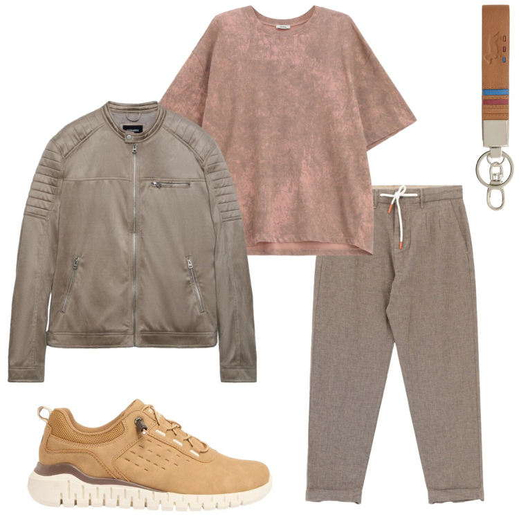 Outfit uomo - Aprile. Stile Urban per Tutti i giorni. Abbinamento con sneakers, giacche, pantaloni, t-shirt, portachiavi.