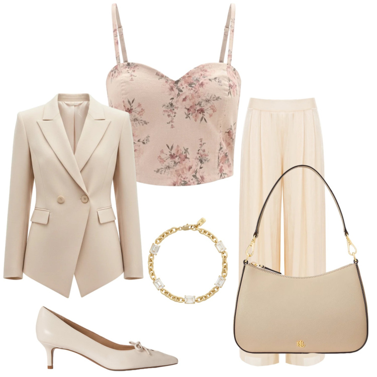 Outfit donna - Eleganza Floreale e Toni Cipria. Stile Glamour per Cerimonia. Abbinamento con pantaloni a palazzo, blazer, canottiere, borse a spalla, décolleté, braccialetti.
