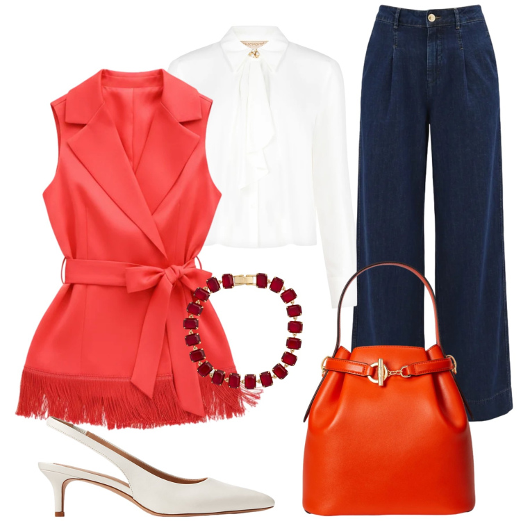 Outfit donna - Red Passion & Denim Chic. Stile Glamour per Tutti i giorni. Abbinamento con gilet, camicie, jeans dritti, décolleté, borse a secchiello, braccialetti.