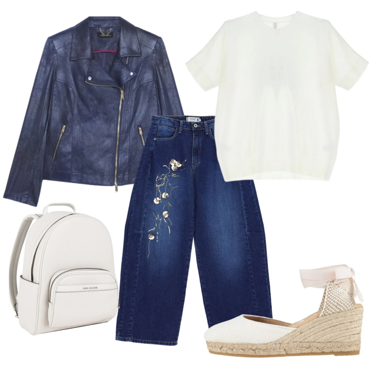 Outfit donna - Outfit di primavera. Stile Casual per Tutti i giorni. Abbinamento con zaini, espadrillas, blazer, jeans, t-shirt.