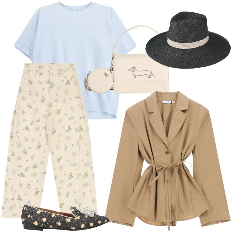 Outfit donna - Total look #2387278. Stile Casual chic per Tutti i giorni. Abbinamento con mocassini, cappelli, t-shirt, pantaloni a palazzo, blazer, borse a tracolla.