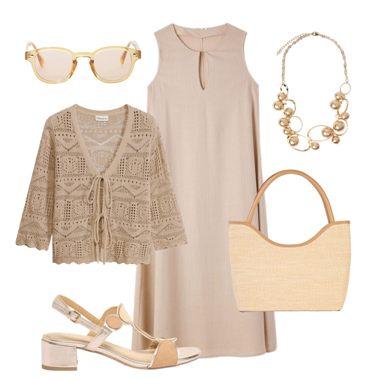 Outfit donna - L’abito da mattina a sera. Stile Glamour per Tutti i giorni. Abbinamento con cardigans, sandali col tacco, shopping bag, vestiti lunghi, collane, occhiali da sole.