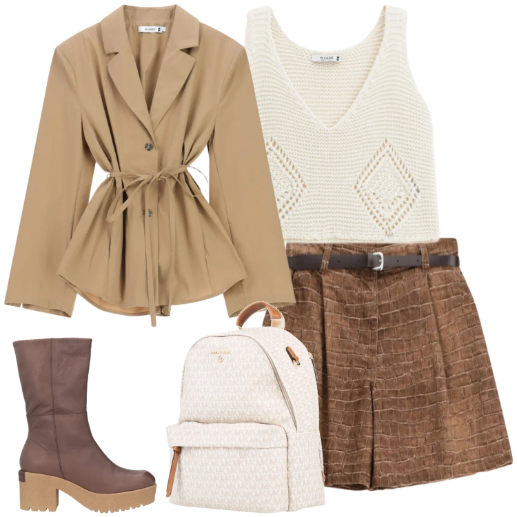 Outfit donna - Urban Safari & Textured Earth. Stile Casual chic per Tutti i giorni. Abbinamento con stivaletti, zaini, bermuda, top, blazer.