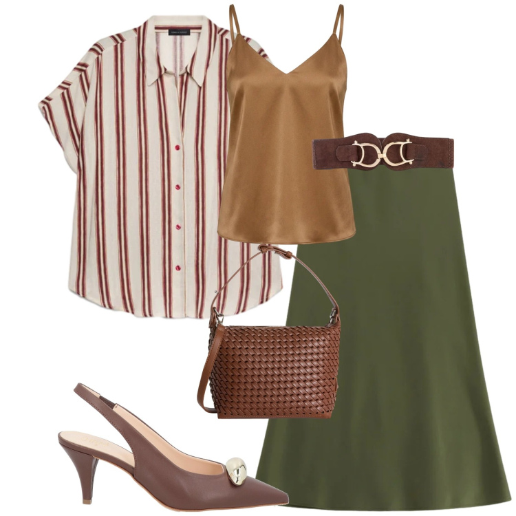 Outfit donna - Total look #2387282. Stile Chic per Serata fuori. Abbinamento con décolleté, cinture, gonne longuette, canottiere, camicie a manica corta, borse a spalla.