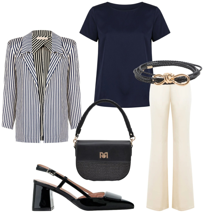 Outfit donna - Total look #2387283. Stile Glamour per Serata fuori. Abbinamento con cinture, décolleté, blazer, borse a spalla, pantaloni a palazzo, bluse.