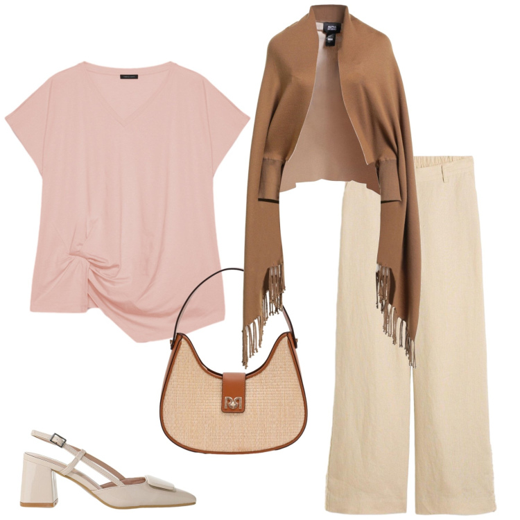 Outfit donna - Soft Minimal & Natural Warmth. Stile Casual chic per Tutti i giorni. Abbinamento con cappe, pantaloni, t-shirt, décolleté, borse a spalla.