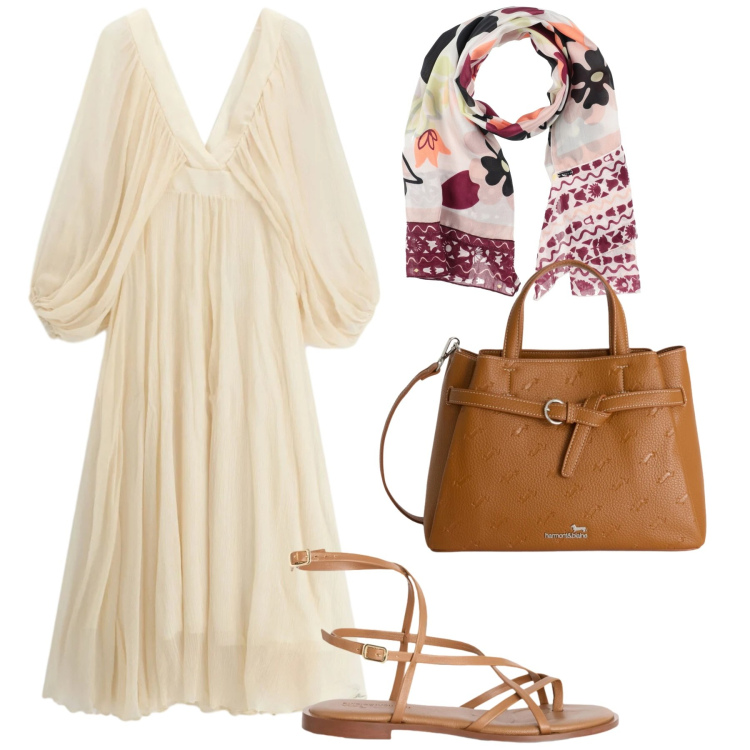 Outfit donna - Total look #2387287. Stile Chic per Serata fuori. Abbinamento con sciarpe, vestiti lunghi, borse a mano, sandali in pelle.