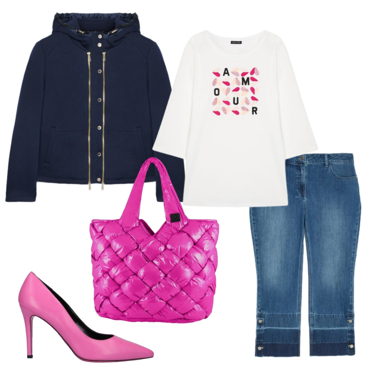 Outfit donna - Primavera a tinte forti. Stile Casual chic per Ufficio. Abbinamento con décolleté, t-shirt, jeans, blazer, borse tote.