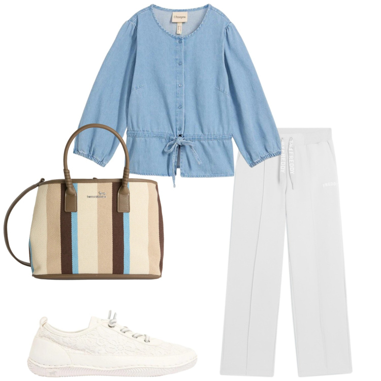Outfit donna - In città. Stile Urban per Tutti i giorni. Abbinamento con camicie, sneakers, shopping bag, pantaloni.