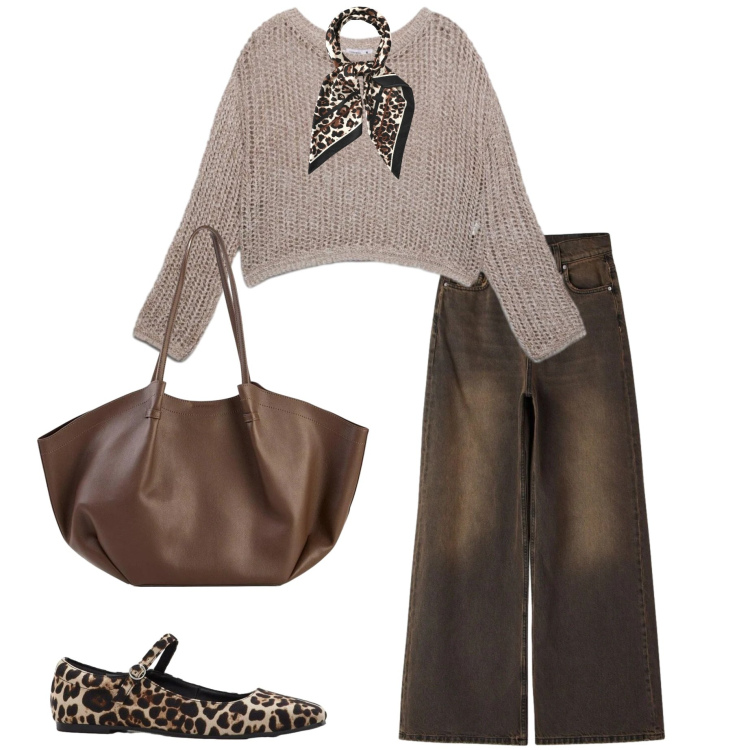 Outfit donna - In città. Stile Urban per Tutti i giorni. Abbinamento con ballerine, shopping bag, jeans, foulard, maglieria.