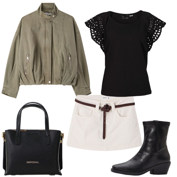 Outfit donna - Urban Utility & Rock Romance. Stile Casual chic per Tutti i giorni. Abbinamento con bluse, stivaletti, minigonne, bomber, borse a tracolla.