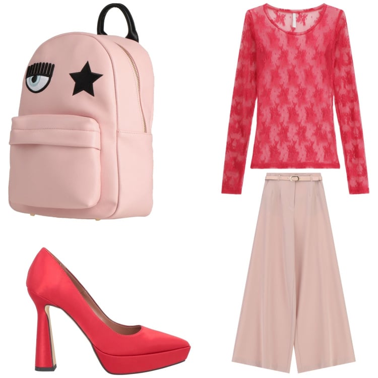 Outfit donna - Rosso e rosa ad Aprile. Stile Chic per Serata fuori. Abbinamento con décolleté, zaini, bluse, pantaloni a palazzo.