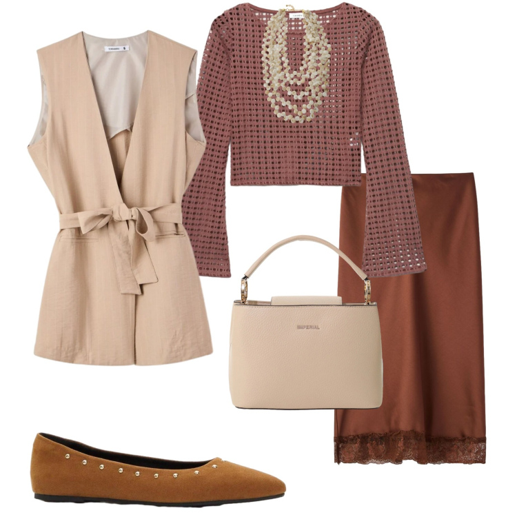 Outfit donna - In città. Stile Casual chic per Ufficio. Abbinamento con ballerine, maglieria, gonne longuette, gilet, collane, borse a secchiello.