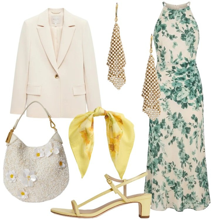 Outfit donna - Rinascimento Spring Elegance. Stile Romantica per Cerimonia. Abbinamento con vestiti lunghi, blazer, orecchini, pochette, foulard, sandali in pelle.