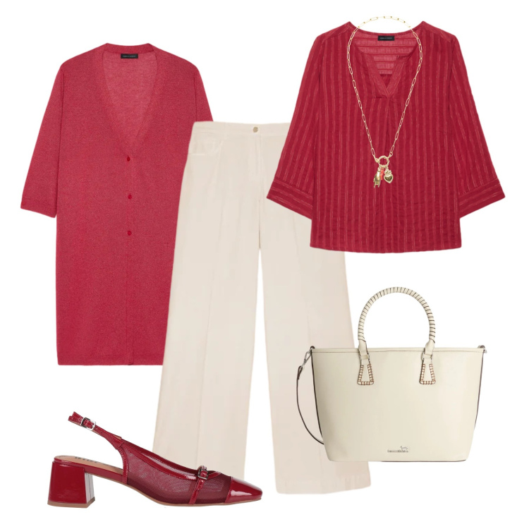 Outfit donna - Eleganza leggera al lavoro. Stile Glamour per Ufficio. Abbinamento con décolleté, pantaloni a palazzo, cardigans, bluse, shopping bag, ciondoli.
