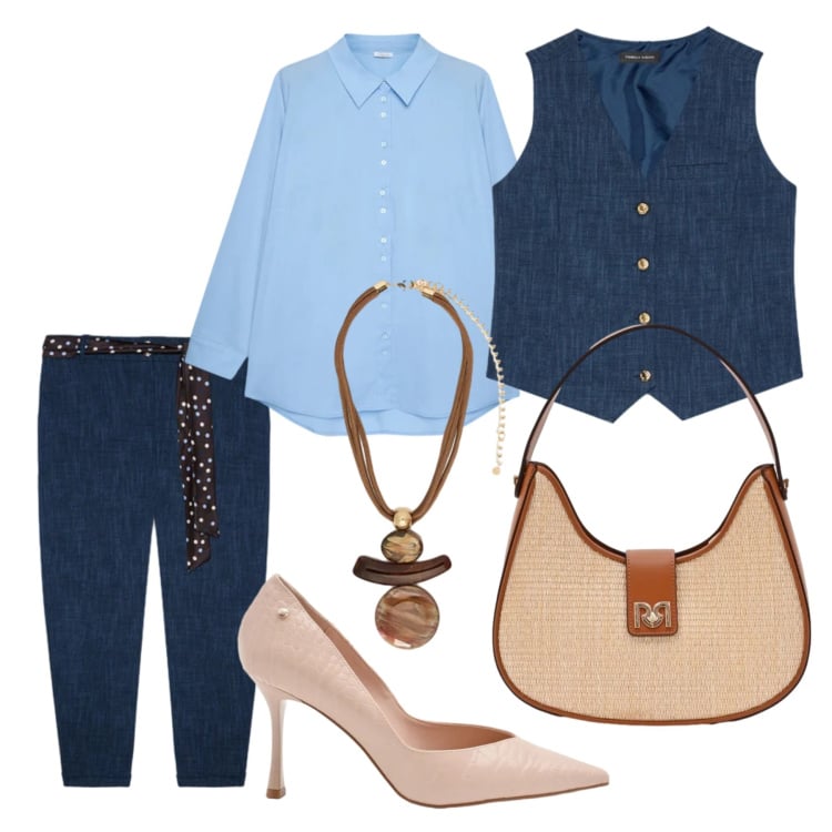 Outfit donna - Delizioso completo di jeans. Stile Casual chic per Ufficio. Abbinamento con borse a spalla, décolleté, jeans, camicie, gilet, ciondoli.