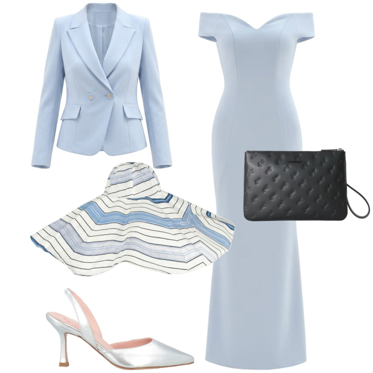 Outfit donna - Total look #2387300. Stile Glamour per Cerimonia. Abbinamento con décolleté, cappelli, blazer, vestiti lunghi, anelli.
