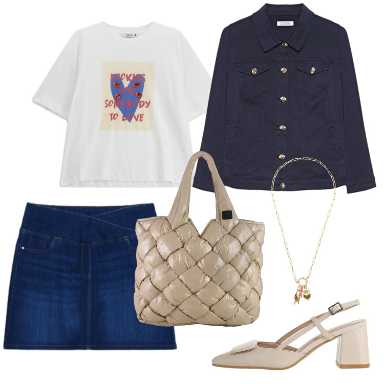 Outfit donna - Total look #2387301. Stile Casual per Tutti i giorni. Abbinamento con décolleté, blazer, minigonne, t-shirt, ciondoli, borse tote.