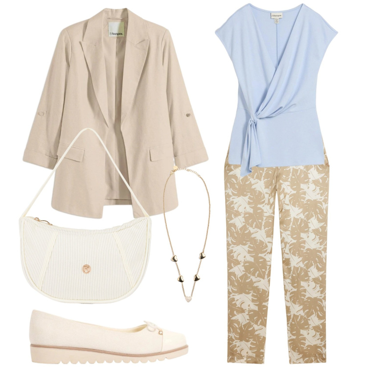 Outfit donna - Foglie. Stile Casual per Tutti i giorni. Abbinamento con blazer, ballerine, canottiere, pantaloni, collane, borse a mano.