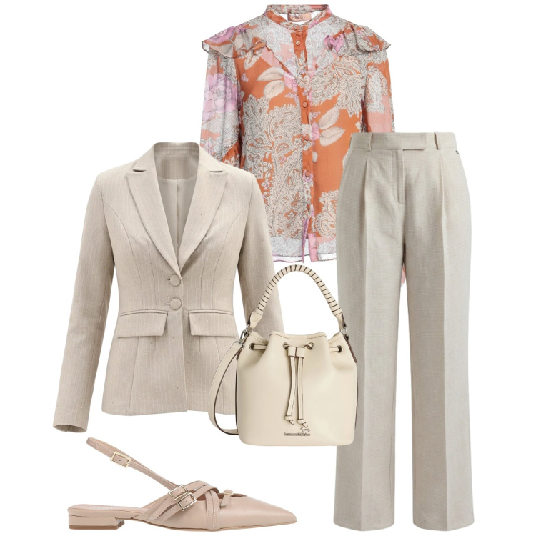 Outfit donna - Total look #2387306. Stile Bon Ton per Ufficio. Abbinamento con ballerine, camicie, blazer, borse a secchiello, pantaloni.