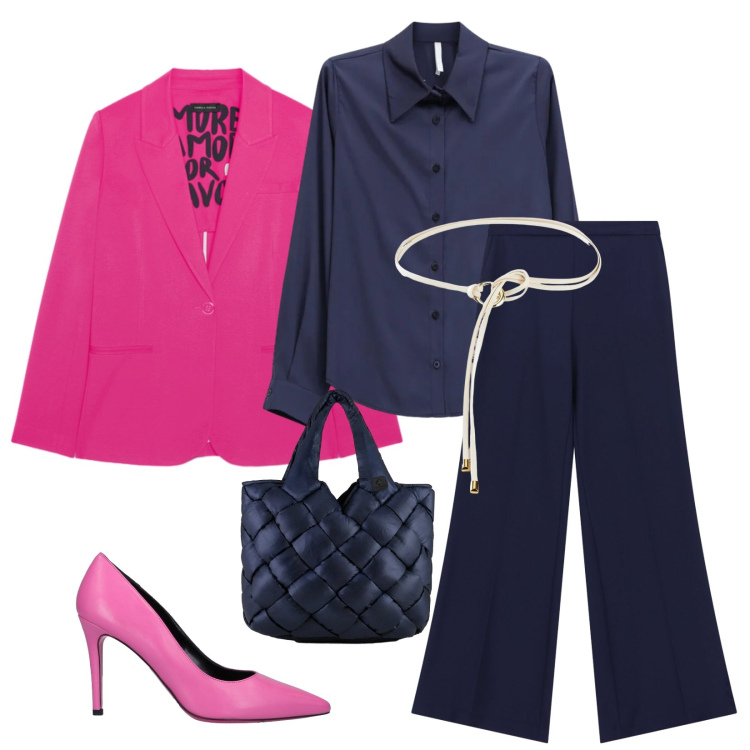 Outfit donna - Total look #2387307. Stile Chic per Cerimonia. Abbinamento con décolleté, cinture, blazer, pantaloni a palazzo, camicie, borse tote.