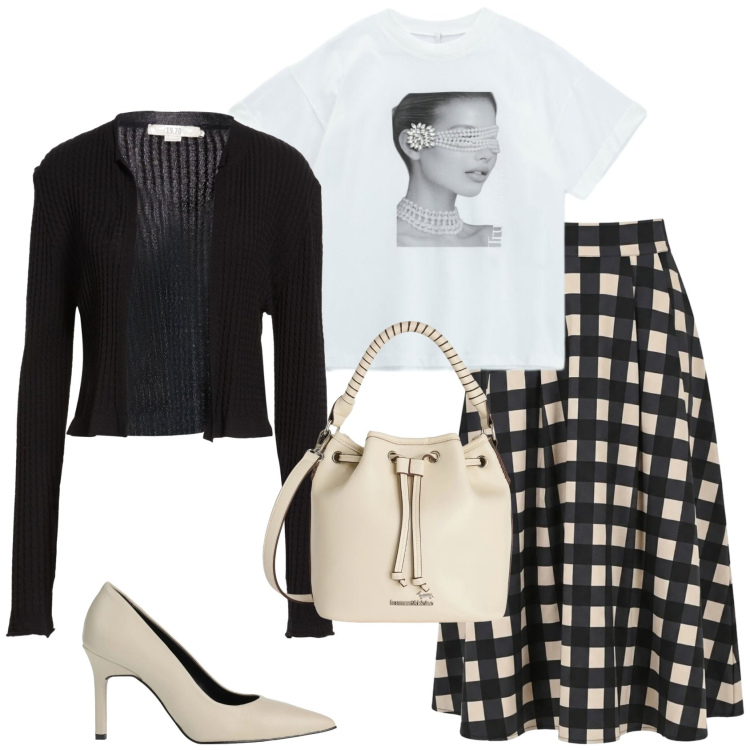 Outfit donna - In primavera. Stile Glamour per Serata fuori. Abbinamento con décolleté, cardigans, t-shirt, gonne longuette, borse a secchiello.