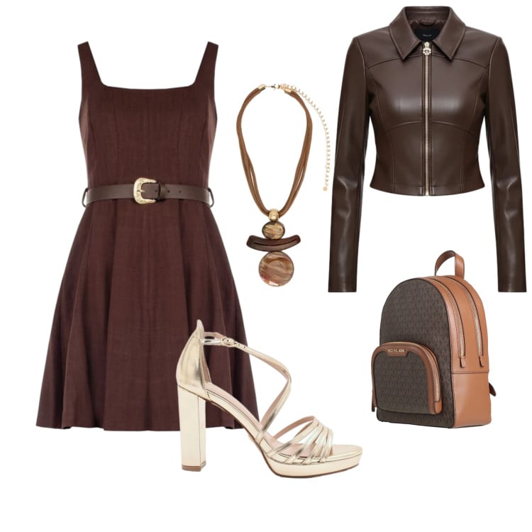 Outfit donna - Gold chocolate. Stile Casual chic per Cerimonia. Abbinamento con zaini, vestiti corti, sandali col tacco, giacche, ciondoli.