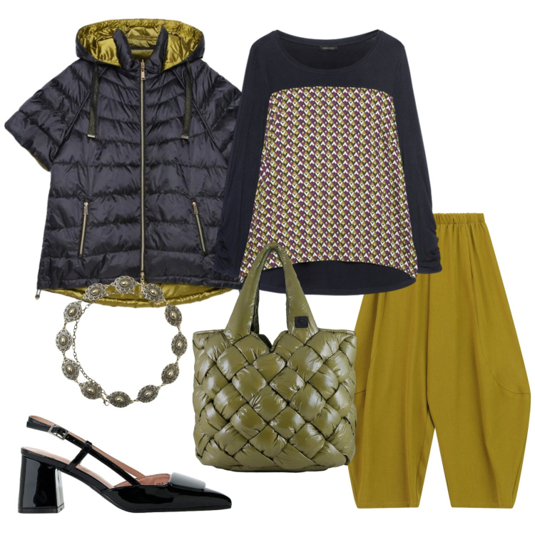 Outfit donna - Primavera. Stile Casual chic per Ufficio. Abbinamento con cinture, piumini, t-shirt, pantaloni, décolleté, borse tote.