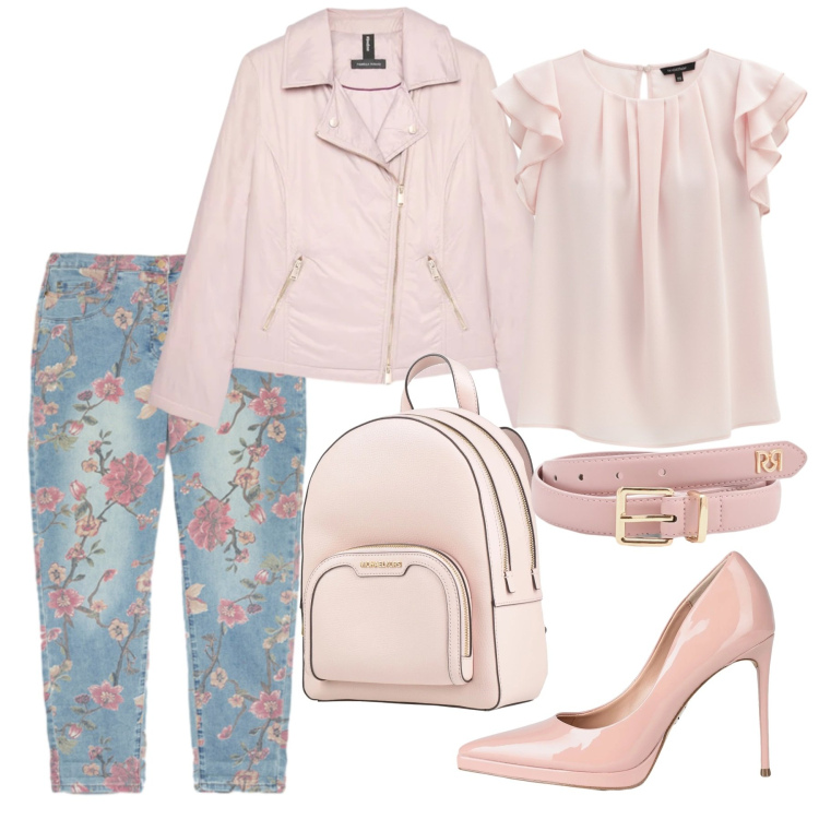 Outfit donna - Fiori rosa, fiori di pesco. Stile Casual chic per Ufficio. Abbinamento con décolleté, zaini, canottiere, cinture, piumini, jeans.