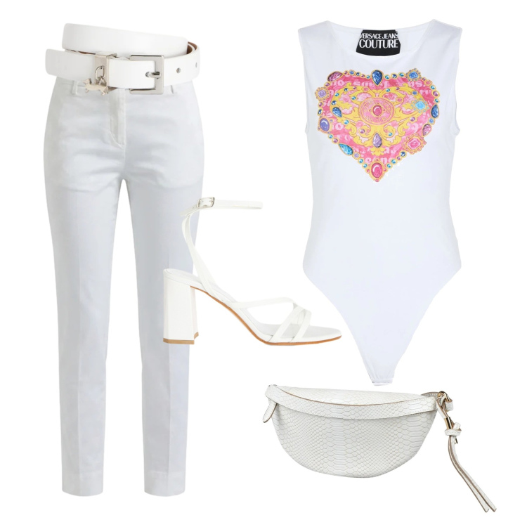 Outfit donna - White chic in the Heart. Stile Casual chic per Ufficio. Abbinamento con body, marsupi, pantaloni, cinture, sandali in pelle.