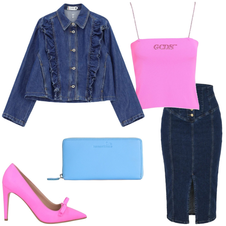 Outfit donna - Trendy in primavera. Stile Trendy per Serata fuori. Abbinamento con décolleté, top, gonne longuette, blazer, portafogli.