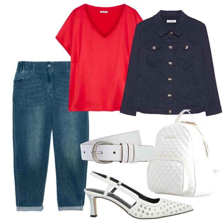 Outfit donna - Stile marinaio. Stile Casual chic per Ufficio. Abbinamento con décolleté, zaini, cinture, t-shirt, blazer, jeans.