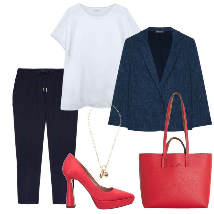 Outfit donna - Uno spezzato per l\'ufficio. Stile Casual chic per Ufficio. Abbinamento con décolleté, pantaloni, blazer, t-shirt, shopping bag, ciondoli.