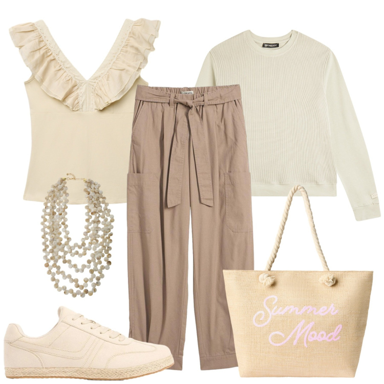Outfit donna - Quel tocco di stile. Stile Casual chic per Tutti i giorni. Abbinamento con pantaloni cargo, sneakers, borse tote, top, collane, felpe.