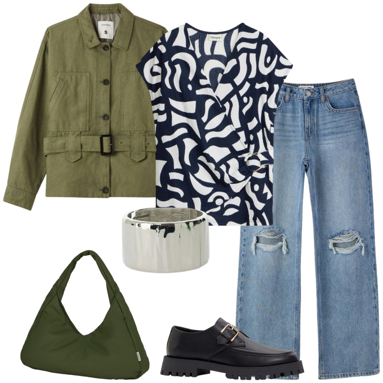 Outfit donna - Total look #2387322. Stile Casual chic per Tutti i giorni. Abbinamento con bluse, mocassini, jeans strappati, cappotti, braccialetti, borse a spalla.